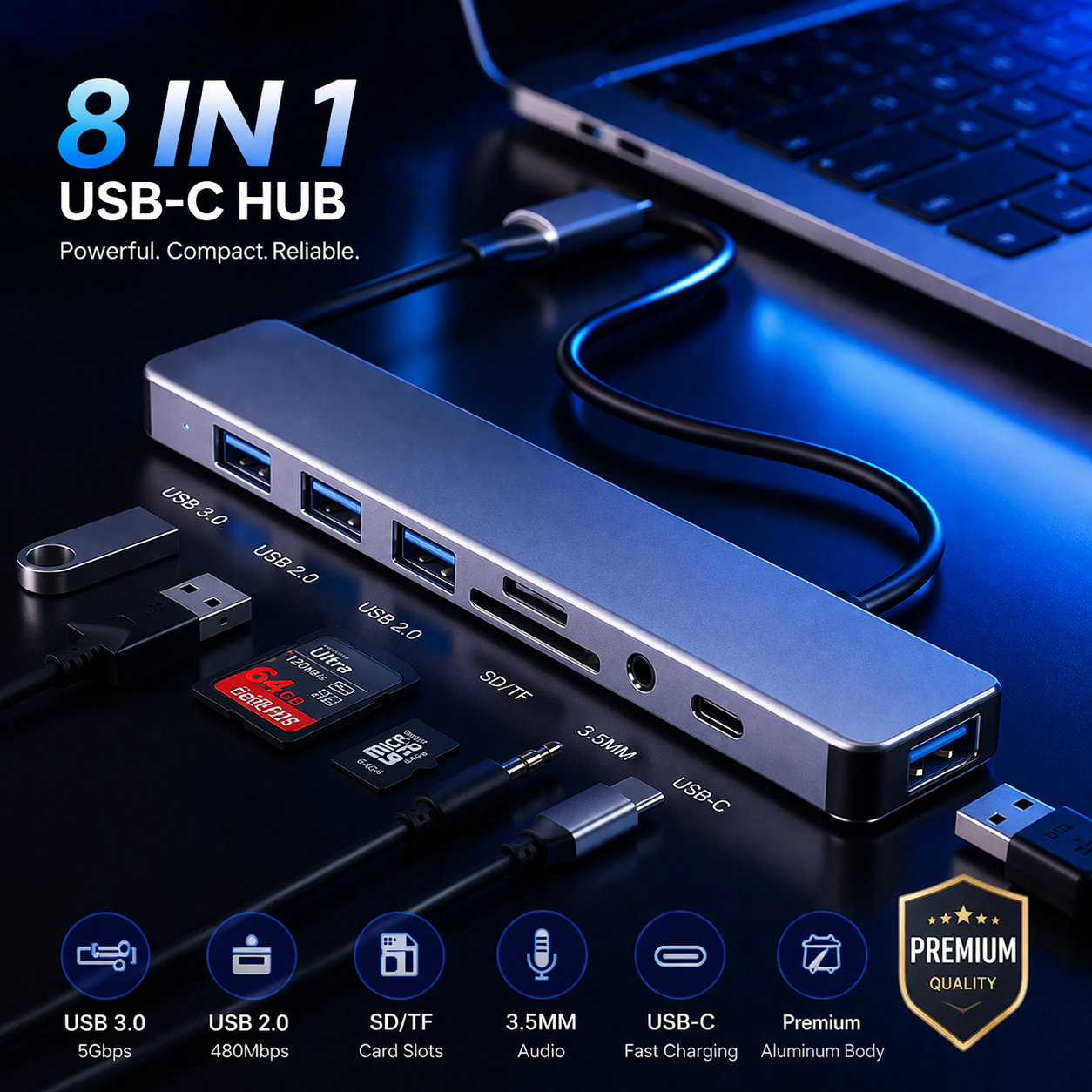USB-C 8-in-1 Hub with 4K HDMI, PD 100W & USB 3.0 Ports